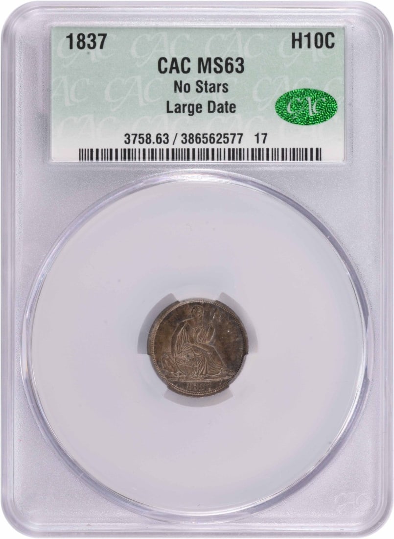 1837 Liberty Seated Silver Half Dime No Stars Large Date MS63 CACG: 1837 Liberty Seated Silver Half Dime No Stars Large Date MS63 CACG The 1837 Liberty Seated Silver Half Dime No Stars Large Date MS63 CACG boasts an impressive MS63 grade, indicating exceptional