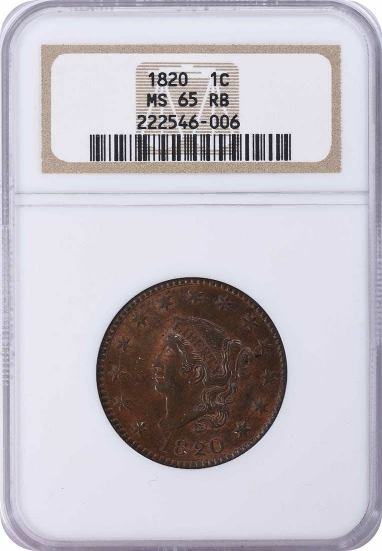 1820 Large Cent Large Date MS65RB NGC: 1820 Large Cent Large Date MS65RB NGC The 1820 Large Cent Large Date MS65RB NGC features a distinctive large date, making it a notable variant among collectors. Certified by the Numismatic Guaranty