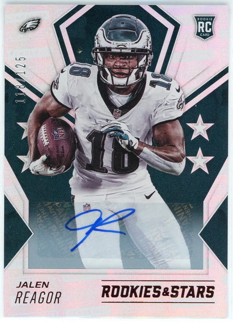 Jalen Reagor Autographed 2020 Panini Rookies & Stars Card #121: Jalen Reagor Autographed 2020 Panini Rookies & Stars Card #121 Factory signed in blue sharpie across the front, Card #121 features Jalen Reagor's autograph as part of the 2020 Panini Rookies & Stars