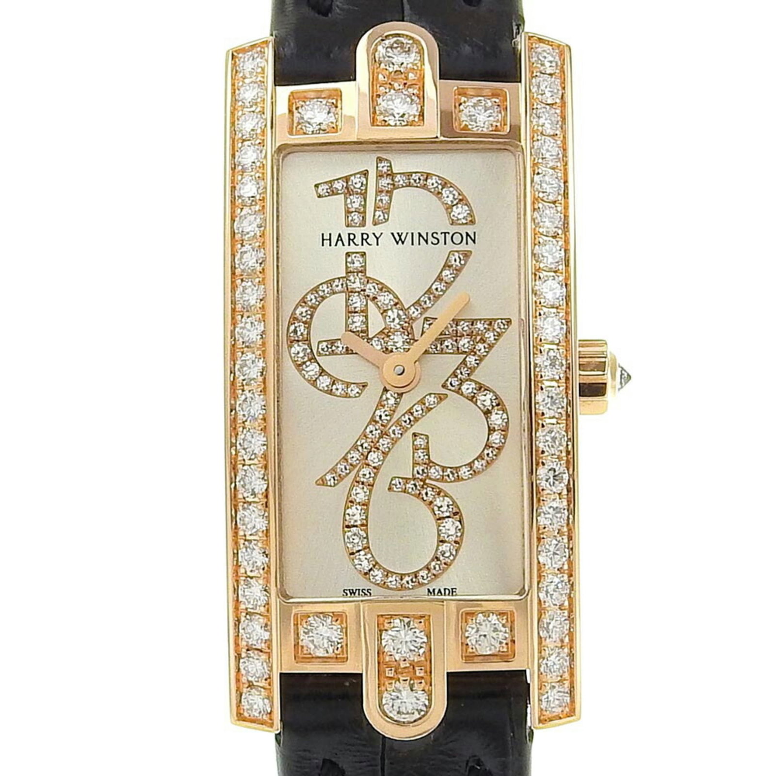 Harry Winston Wristwatch: Harry Winston Wristwatch Pink gold case and black leather band create a sophisticated look in this Harry Winston wristwatch, featuring a silver dial. The 15mm diameter case fits comfortably on wrists 