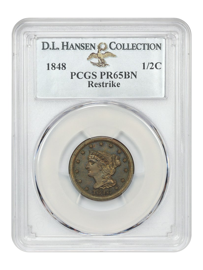 1848 1/ 2C PCGS PR65BN (Restrike) ex: D.L. Hansen: 1848 1/ 2C PCGS PR65BN (Restrike) ex: D.L. Hansen The 1848 Half-Cent coin, graded PR65BN by PCGS, boasts an impressive level of preservation, showcasing its well-preserved details and lustrous appeara