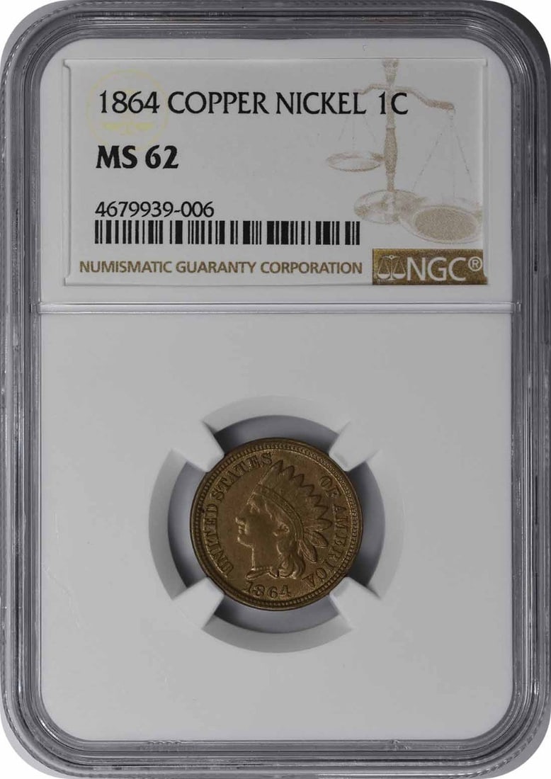 Indian cent copper nickel MS62 NGC: Indian cent copper nickel MS62 NGC MS62 NGC certified Indian cent copper nickel, minted in 1864 with a circulated grade and no mint mark. This uncirculated specimen showcases the coin's rich history