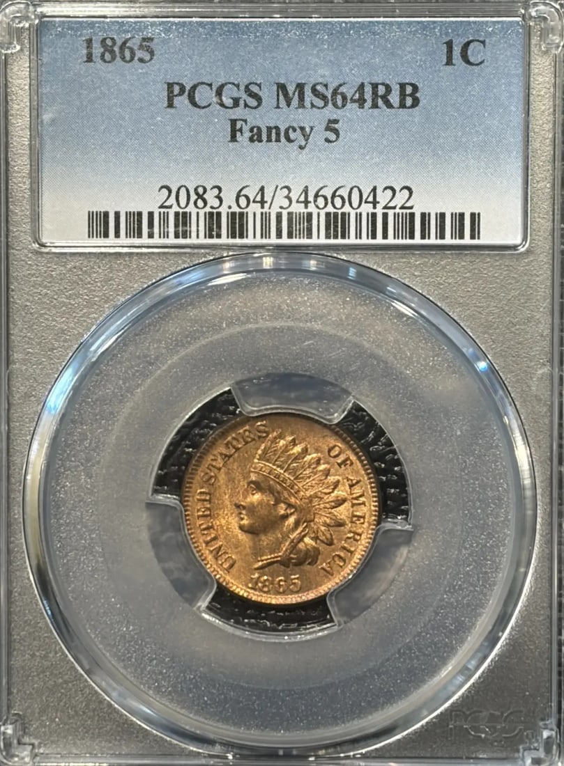 1865 FANCY 5 INDIAN CENT PCGS MS64 RB (1 of 3)