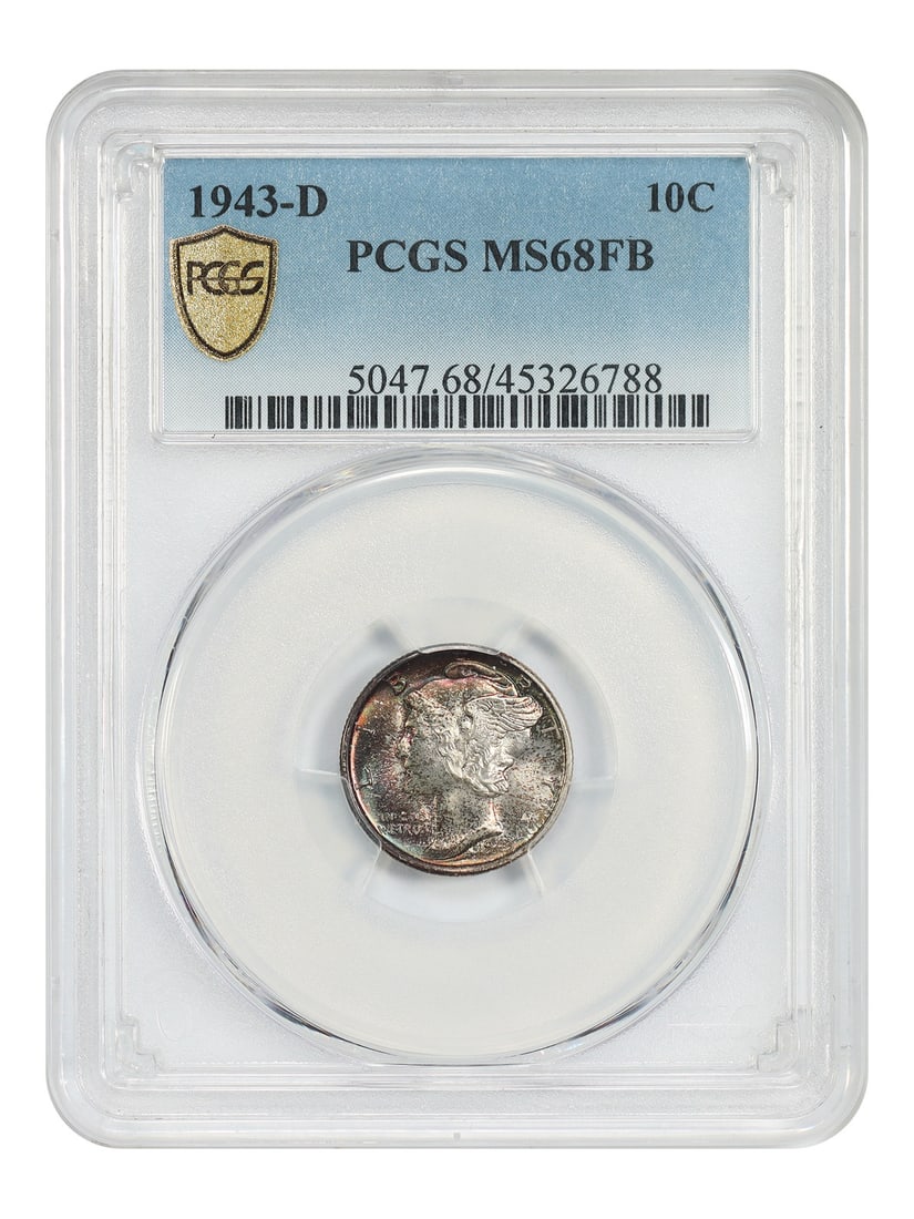 1943-D 10C PCGS MS68FB - Mercury Dime: 1943-D 10C PCGS MS68FB - Mercury Dime 1943-D Mercury Dime, graded MS68FB by PCGS, showcases exceptional strike quality and luster. As one of the finest examples of this series, it boasts a stunning gr