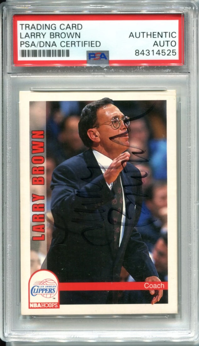 Brown Larry Autographed Card Hoops 1992-93 NBA PSA: Brown Larry Autographed Card Hoops 1992-93 NBA PSA Larry Brown's signature in black sharpie marks the front of this 1992-93 NBA Hoops card, bearing the Professional Sports Authenticator (PSA) seal and