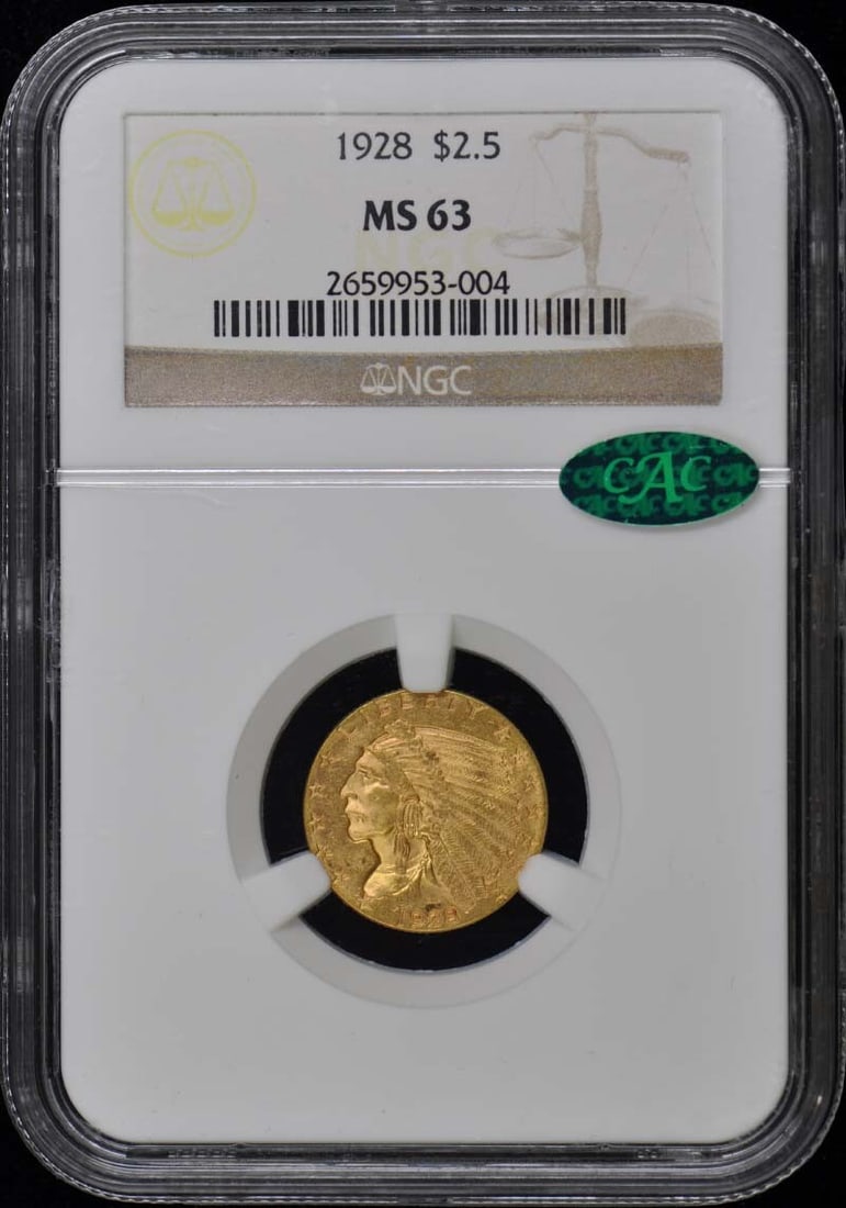 1928 Indian $2.50 NGC MS63 (CAC): 1928 Indian $2.50 NGC MS63 (CAC) The 1928 Indian $2.50 NGC MS63 (CAC) features a well-defined strike and sharp details, showcasing the classic design of the Indian Head quarter eagle. Certified by the