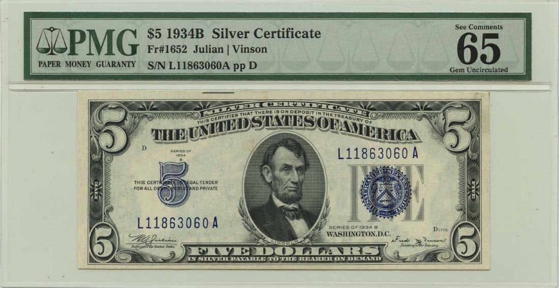 1934B $5 Silver Certificate Blue Fr# 1652 PMG Gem 65EPQ: 1934B $5 Silver Certificate Blue Fr# 1652 PMG Gem 65EPQ The 1934B $5 Silver Certificate Blue, featuring serial number PMG Gem 65EPQ, is a high-grade example of this circulated/uncirculated denominatio