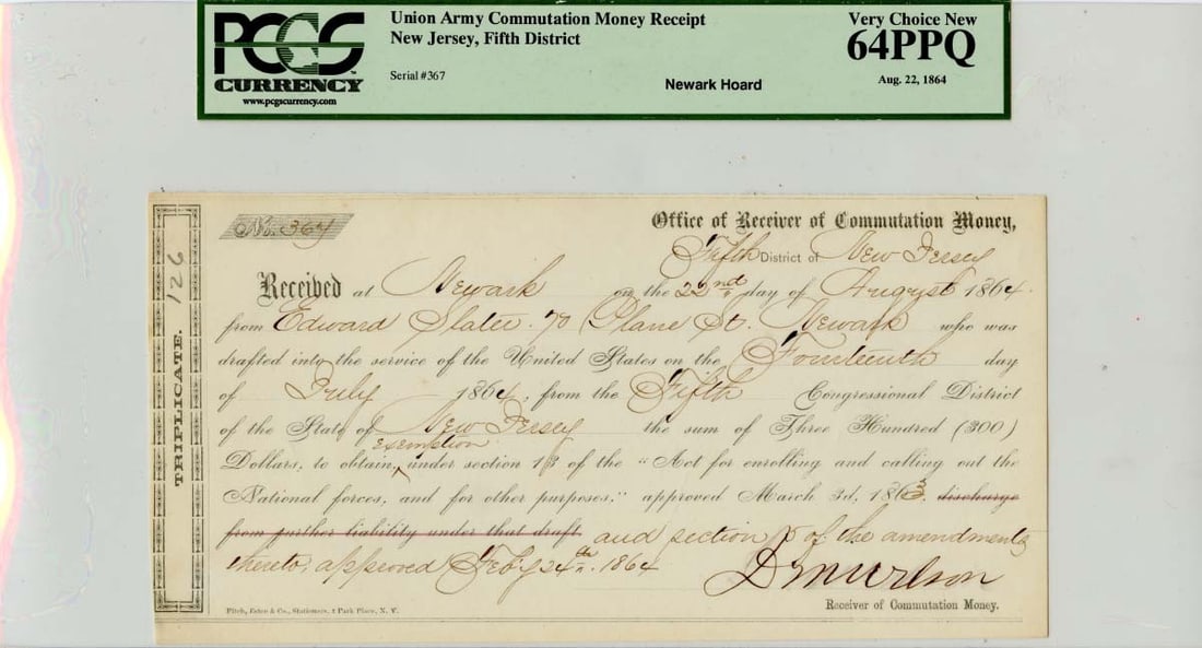 Union Army Commutation Money Receipt Aug 22 1864 MS 64PPQ: Union Army Commutation Money Receipt Aug 22 1864 MS 64PPQ MS64 Commutation Money Receipt from August 22, 1864, certified by PCGS with a high grade and circulated status. This Confederate Note