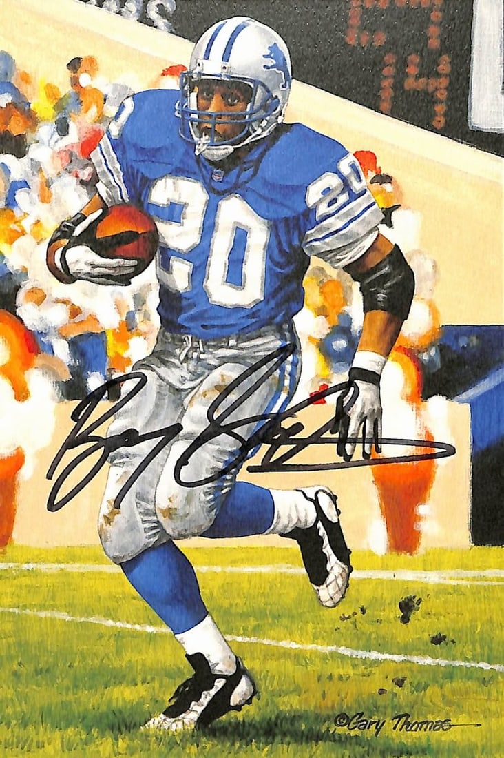Barry Sanders signed auto postcard HOF 2004 goal line art Lions: Barry Sanders signed auto postcard HOF 2004 goal line art Lions Barry Sanders' 2004 goal line art postcard bears his signature. The item is an official photo sport product, specifically related to the