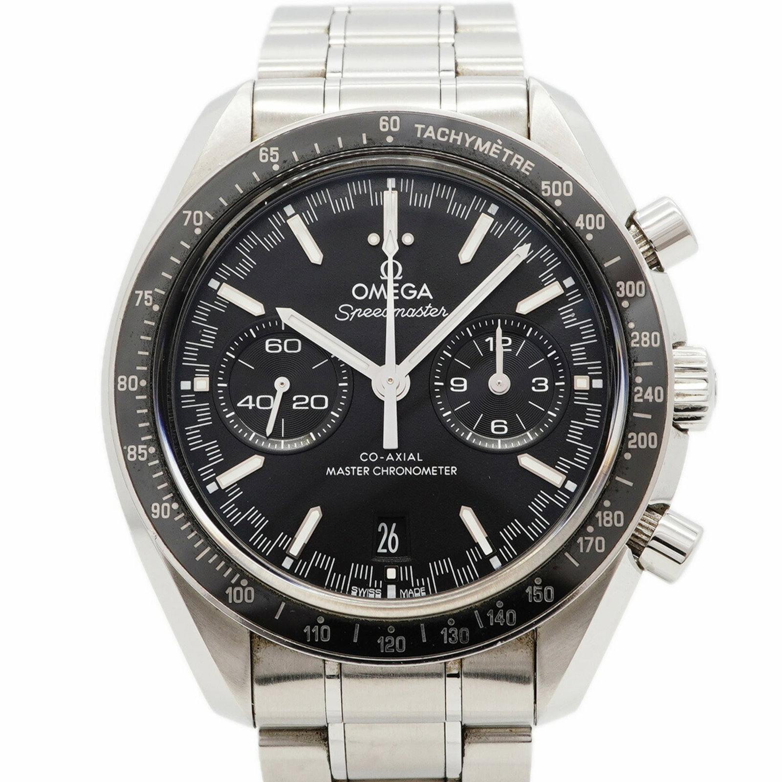 Omega Wristwatch: Omega Wristwatch Stainless steel band and black case make for a sleek and timeless design. This Omega wristwatch boasts a classic 44.3mm diameter, perfect for those who prefer a larger watch face.