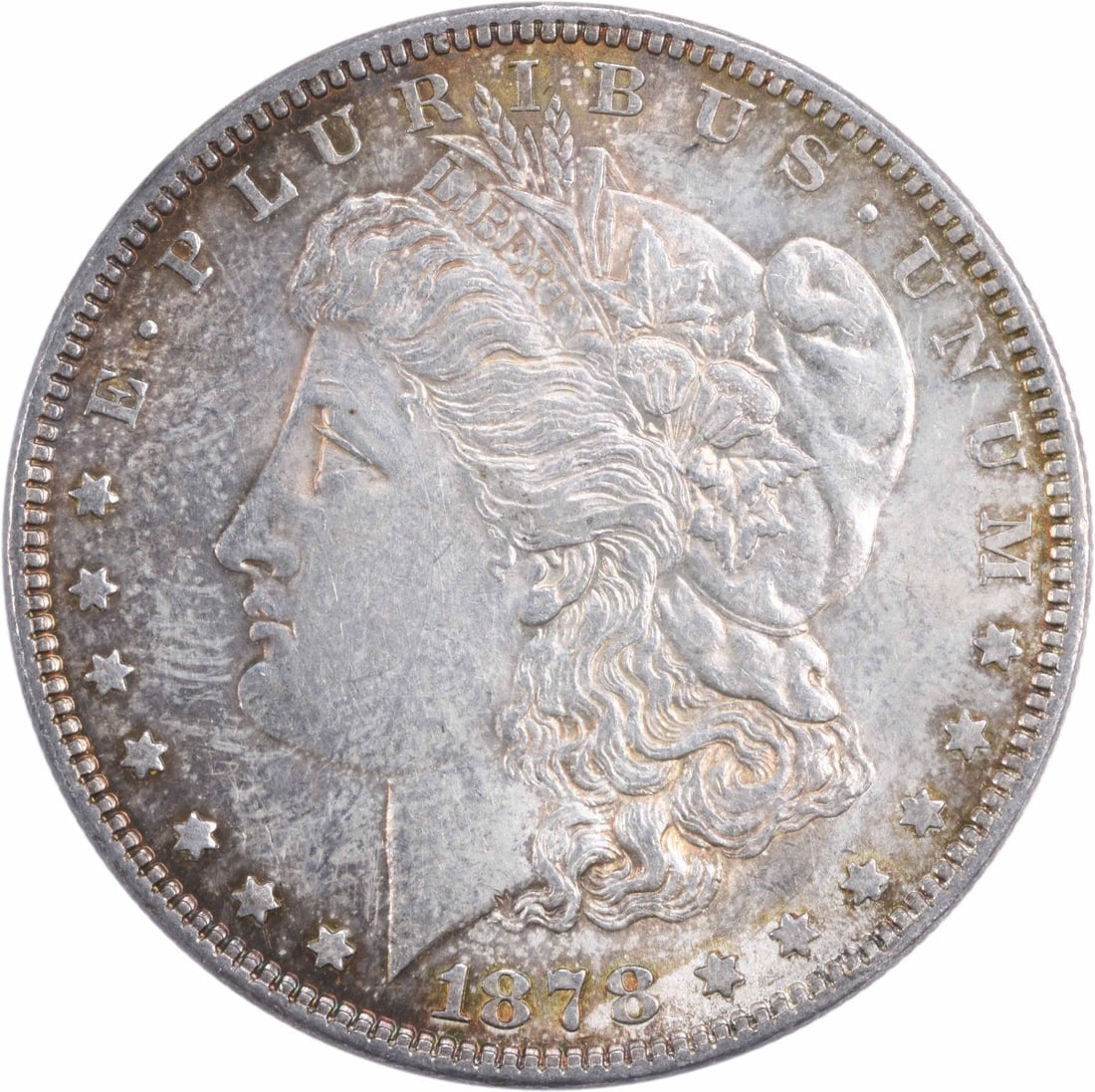 Morgan silver dollar 1878 7TF reverse 1879 AU: Morgan silver dollar 1878 7TF reverse 1879 AU The Morgan silver dollar features an iconic 1878 reverse design, showcasing its unique seven-leaf pattern. Certified as AU (about uncirculated), this coin