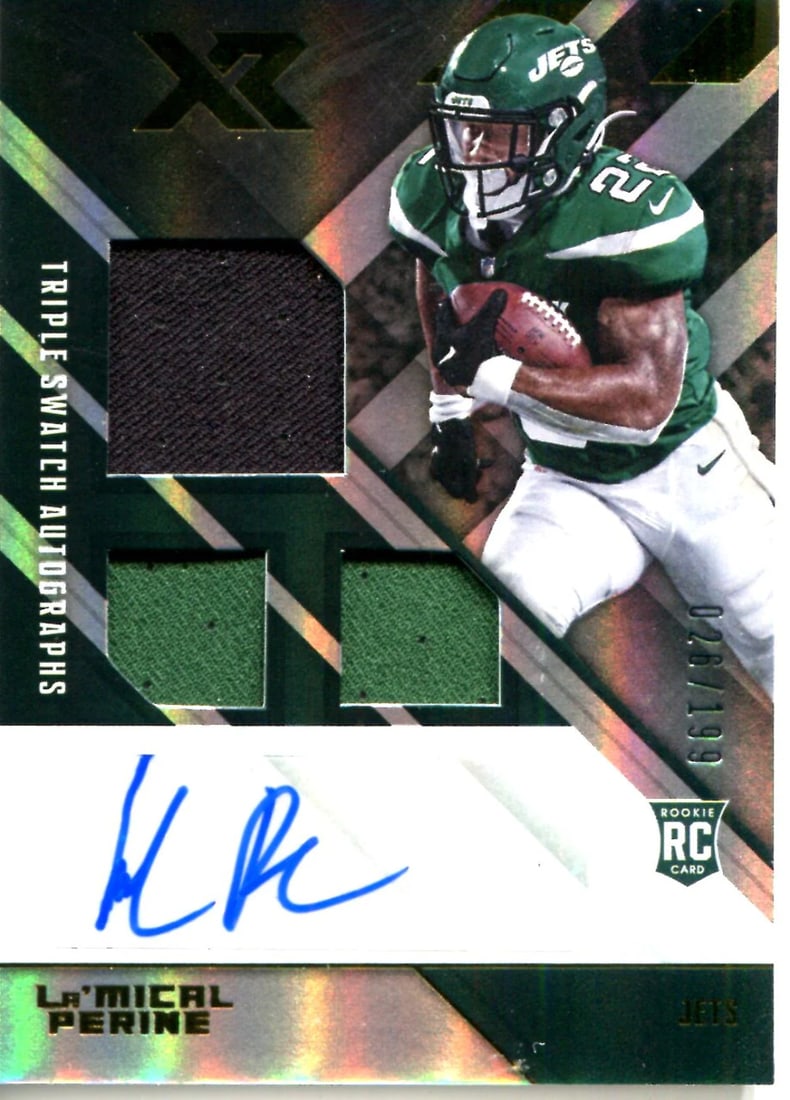 La'Mical Perine 2020 Panini XR Triple Relic/ Autographed Rookie Card #26/ 199: La'Mical Perine 2020 Panini XR Triple Relic/ Autographed Rookie Card #26/ 199 Signed Rookie Card #26/199 from La'Mical Perine's 2020 Panini XR Triple Relic set, featuring a unique autograph and