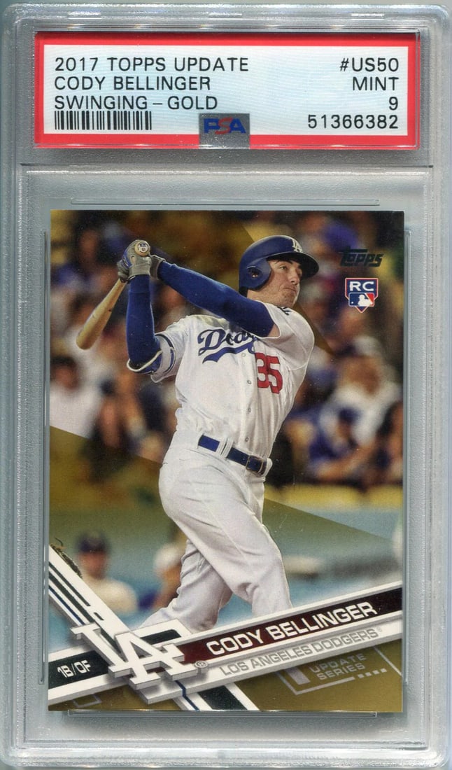 Cody Bellinger Gold Rookie Card 2017 Swinging Variation PSA 9: Cody Bellinger Gold Rookie Card 2017 Swinging Variation PSA 9 Cody Bellinger's 2017 Topps Update Swinging Variation Gold Rookie Card boasts a PSA 9 grade, showcasing exceptional centering and minimal