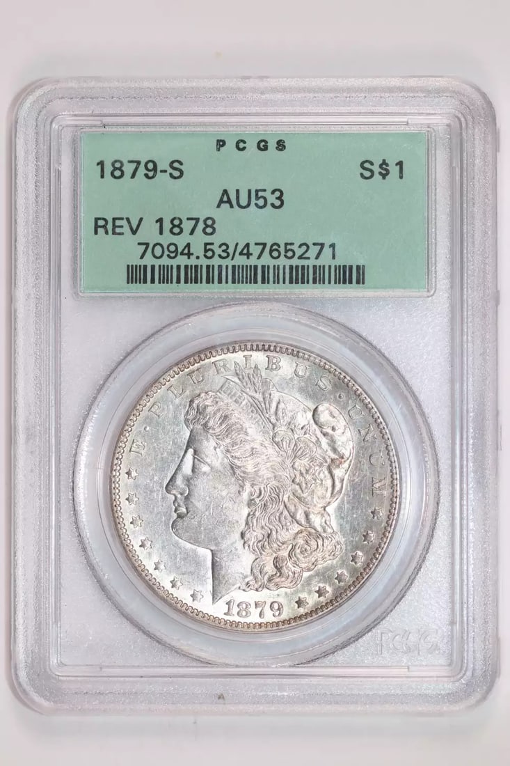 1879-S REVERSE 1878 MORGAN DOLLAR PCGS AU53 OGH: 1879-S REVERSE 1878 MORGAN DOLLAR PCGS AU53 OGH The 1879-S Reverse 1878 Morgan Dollar, graded AU53 by PCGS, is a circulated example from the San Francisco Mint. This coin features the distinctive reve