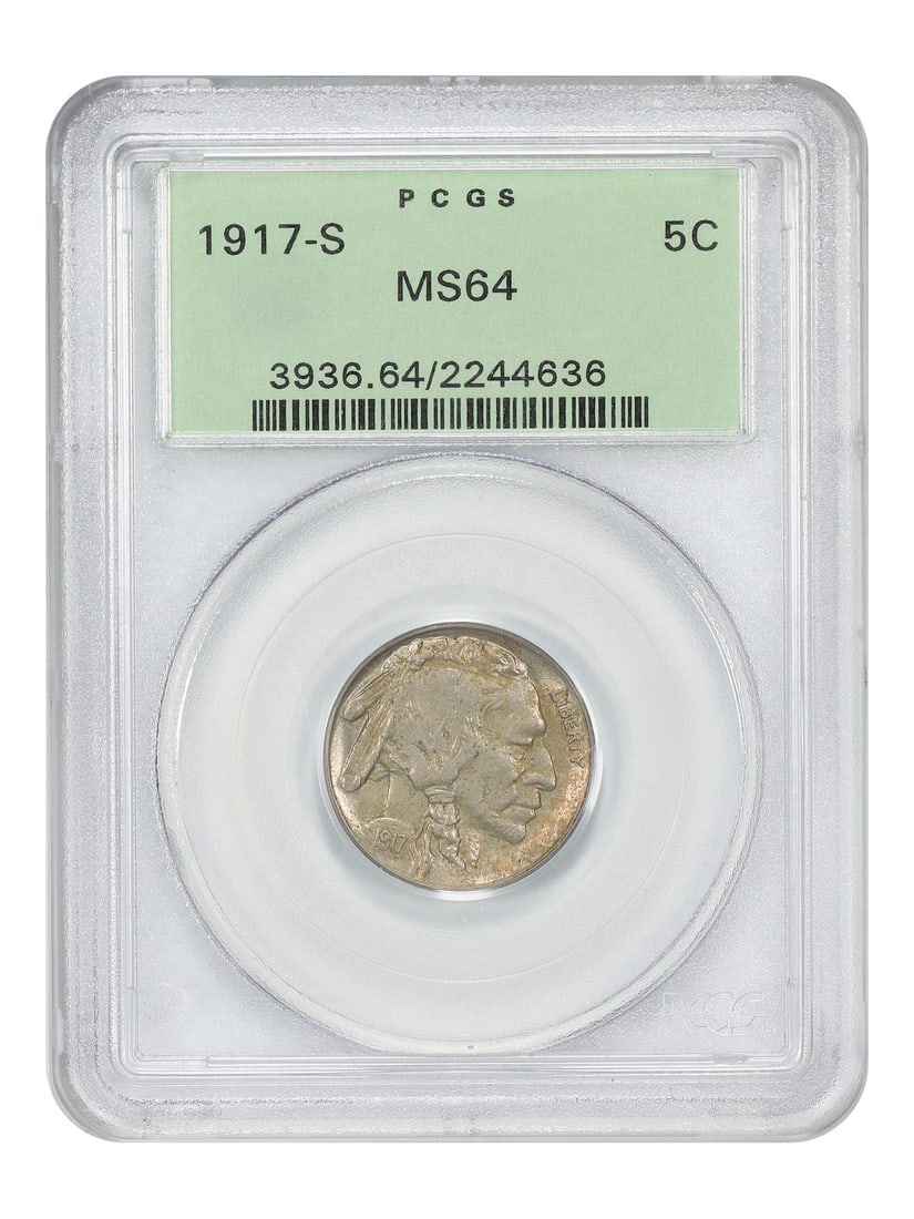 1917-S 5C PCGS MS64 (OGH) - Buffalo Nickel: 1917-S 5C PCGS MS64 (OGH) - Buffalo Nickel The 1917-S Buffalo Nickel, graded MS64 by PCGS, boasts exceptional condition with crisp details and minimal wear. This uncirculated coin features the iconic 