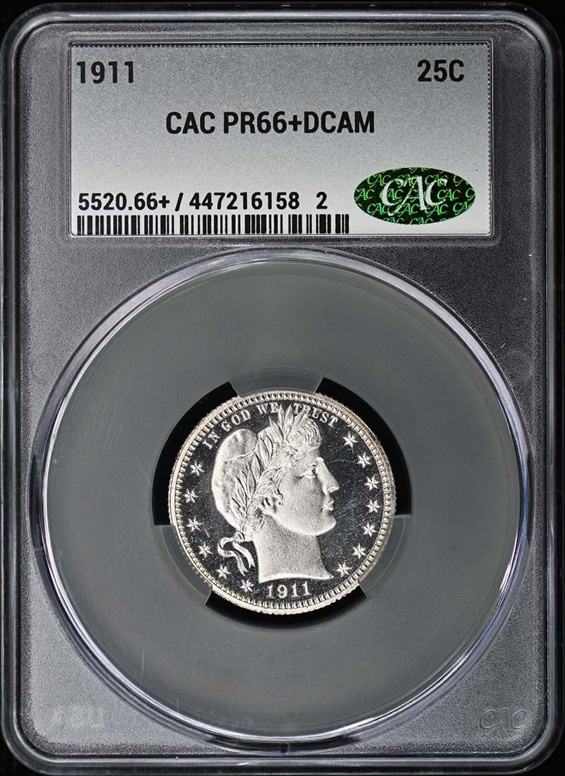 1911 25C Barber Quarter CACG PR66+DCAM: 1911 25C Barber Quarter CACG PR66+DCAM The 1911 Barber Quarter CACG PR66+DCAM is an uncirculated proof coin featuring the iconic design of the Philadelphia Mint, with a striking DCAM (Deep Cameo Accen