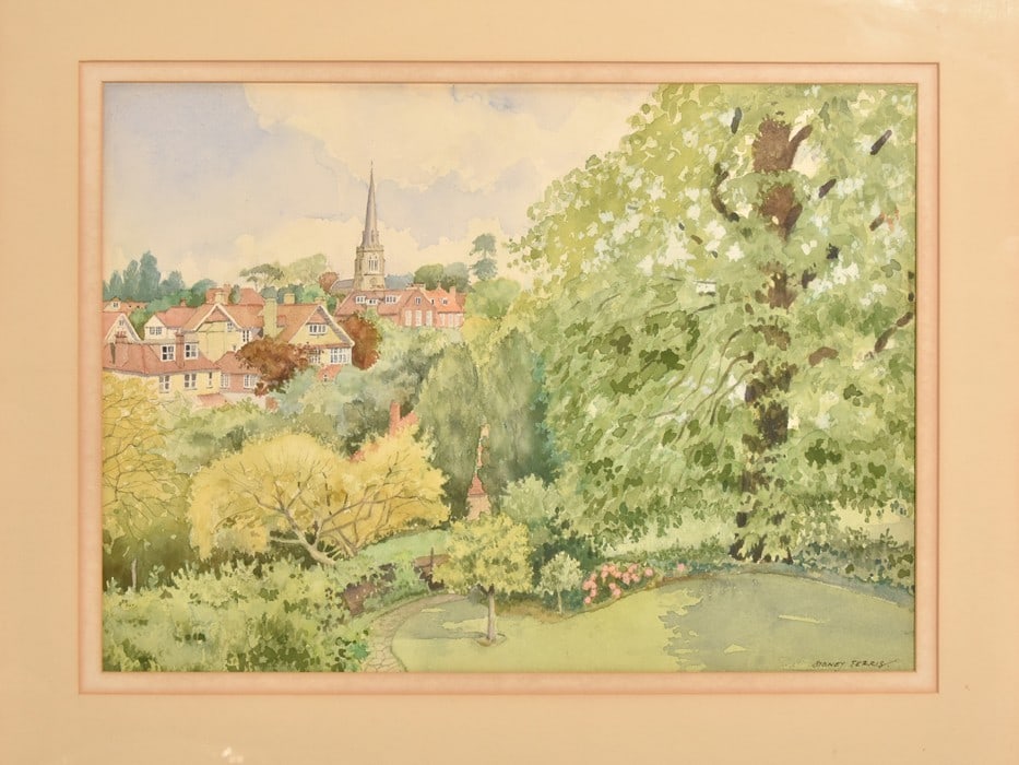 Honey Ferris Large British Watercolor Landscape Village Church Signed Framed (1 of 9)