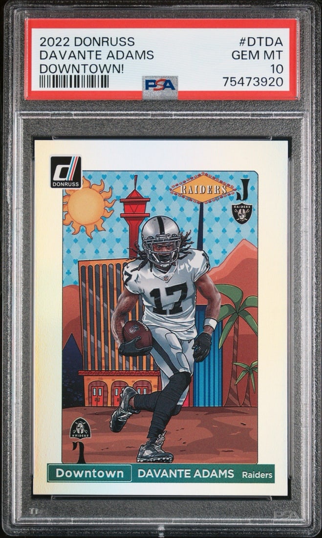 #DTDA DOWNTOWN PSA 10 DONRUSS 2022 DAVANTE ADAMS: #DTDA DOWNTOWN PSA 10 DONRUSS 2022 DAVANTE ADAMS PSA 10 graded Davante Adams rookie card from the 2022 Panini Donruss Optic set, featuring the Las Vegas Raiders' star wide receiver in his prime. This