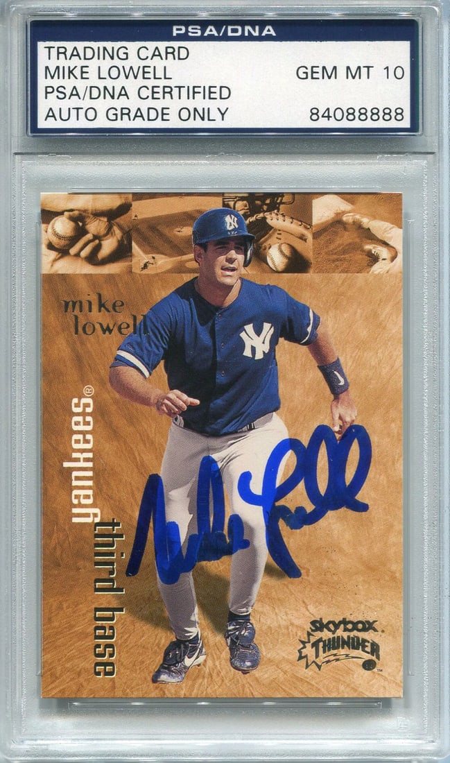 Mike Lowell Autographed 1998 Skybox Thunder Rookie Card (PSA/ DNA): Mike Lowell Autographed 1998 Skybox Thunder Rookie Card (PSA/ DNA) Signed in blue sharpie across the card, Mike Lowell's 1998 Skybox Thunder Rookie Card boasts a unique autograph that adds to its