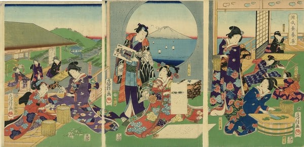 Woodblock Japanese Print Fusatane Sericulture Genji 1866 Keio (1 of 2)