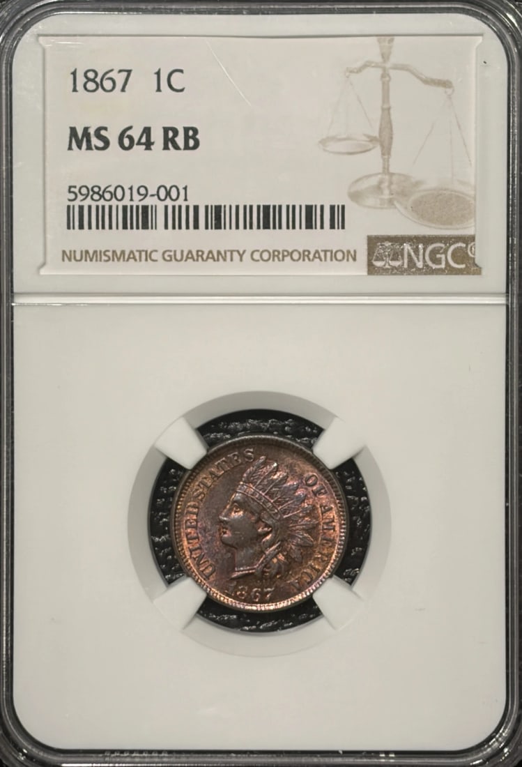 1867 INDIAN CENT NGC MS64 RB - NICE PQ: 1867 INDIAN CENT NGC MS64 RB - NICE PQ NGC MS64 RB - A well-preserved 1867 Indian Cent, certified by the Numismatic Guaranty Corporation with a grade of MS64. This uncirculated coin features a rich co