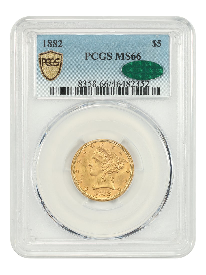 $5 PCGS CAC MS66 Liberty Head 1882: $5 PCGS CAC MS66 Liberty Head 1882 The $5 PCGS CAC MS66 Liberty Head 1882 coin boasts a high grade of 66, indicating exceptional condition and detail. Certified by the Professional Coin Grading Servic