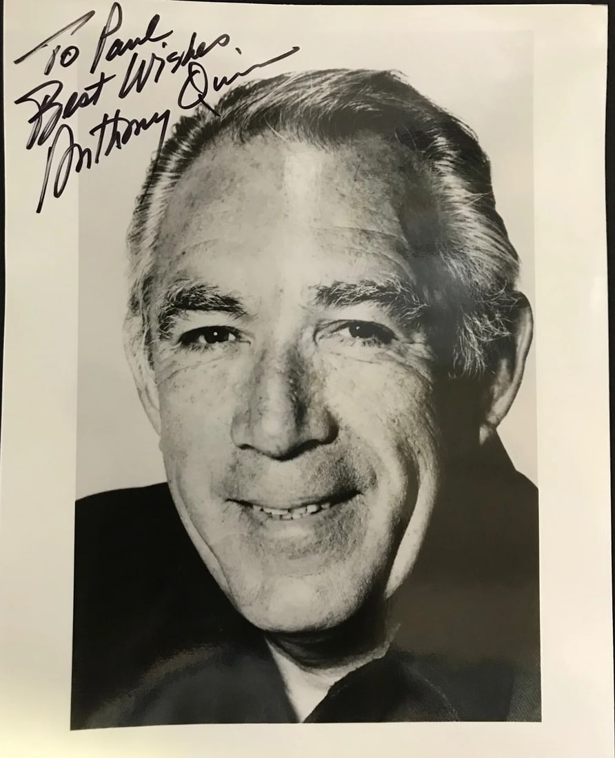 Anthony Quinn Autographed Black & White 8x10 Photo: Anthony Quinn Autographed Black & White 8x10 Photo Signed in black sharpie across the front, Anthony Quinn's autograph adds a touch of Hollywood glamour to this rare black and white 8x10 photo. The