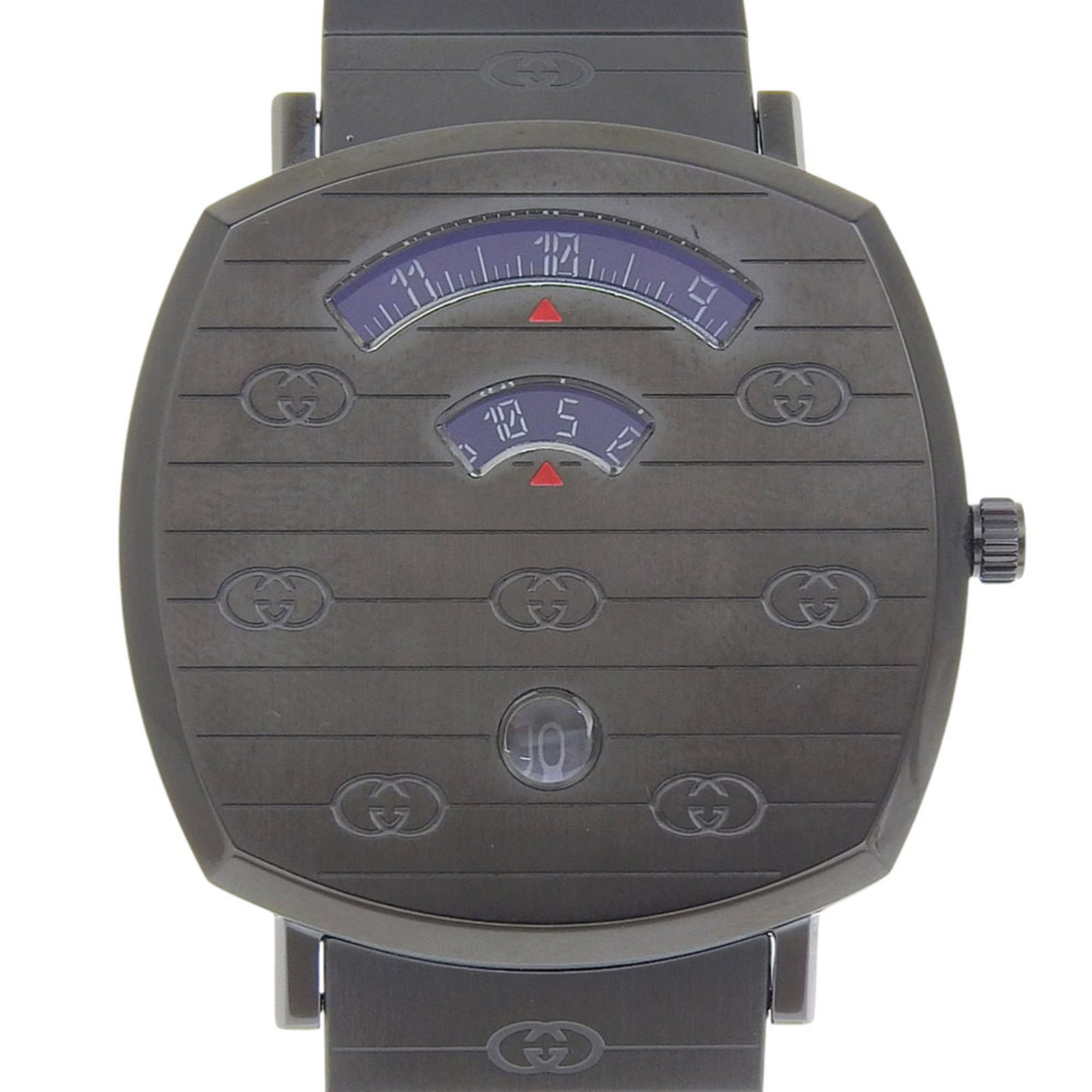 Wristwatch by Gucci: Wristwatch by Gucci Stainless steel case and band, 38mm diameter with an analog display, make for a sleek black wristwatch. This Gucci timepiece boasts a slim profile of 7mm thickness and weighs