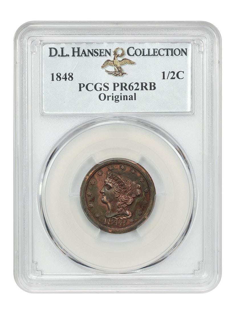 1848 1/ 2C PCGS PR62RB (Original) ex: D.L. Hansen: 1848 1/ 2C PCGS PR62RB (Original) ex: D.L. Hansen PCGS PR62RB (Original) ex: D.L. Hansen - A highly graded, uncirculated 1848 half cent coin with a rich history, bearing the original certification