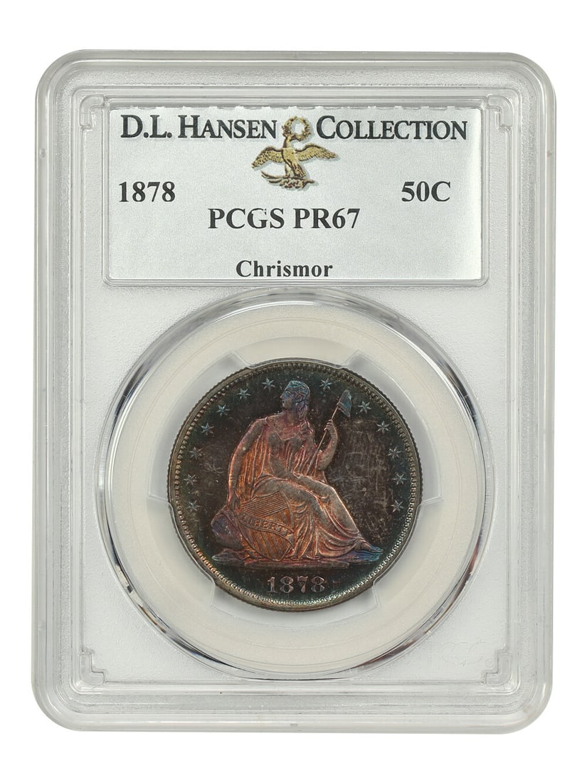 PR67 PCGS 50C ex D.L. Hansen/ Chrismor 1878: PR67 PCGS 50C ex D.L. Hansen/ Chrismor 1878 PR67 PCGS certification marks this 1878 half dollar as a high-grade example, with its uncirculated condition and striking details evident in the PR strike t