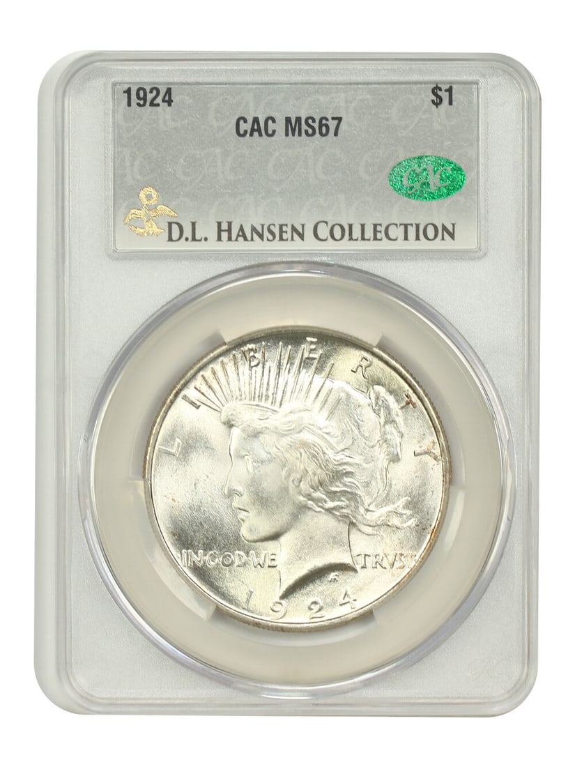1924 $1 CACG MS67 ex: D.L. Hansen/ Monterey Bay - Peace Dollar: 1924 $1 CACG MS67 ex: D.L. Hansen/ Monterey Bay - Peace Dollar The 1924 $1 CACG MS67 ex: D.L. Hansen/ Monterey Bay Peace Dollar boasts an impressive grade of 67, indicating exceptional condition and