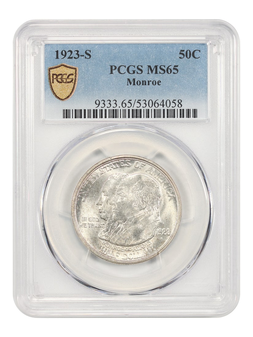 1923-S 50C Monroe PCGS MS65 - Classic Silver Commemorative: 1923-S 50C Monroe PCGS MS65 - Classic Silver Commemorative The 1923-S 50C Monroe PCGS MS65 is an Uncirculated coin featuring the iconic design of President James Monroe, minted in San Francisco. With