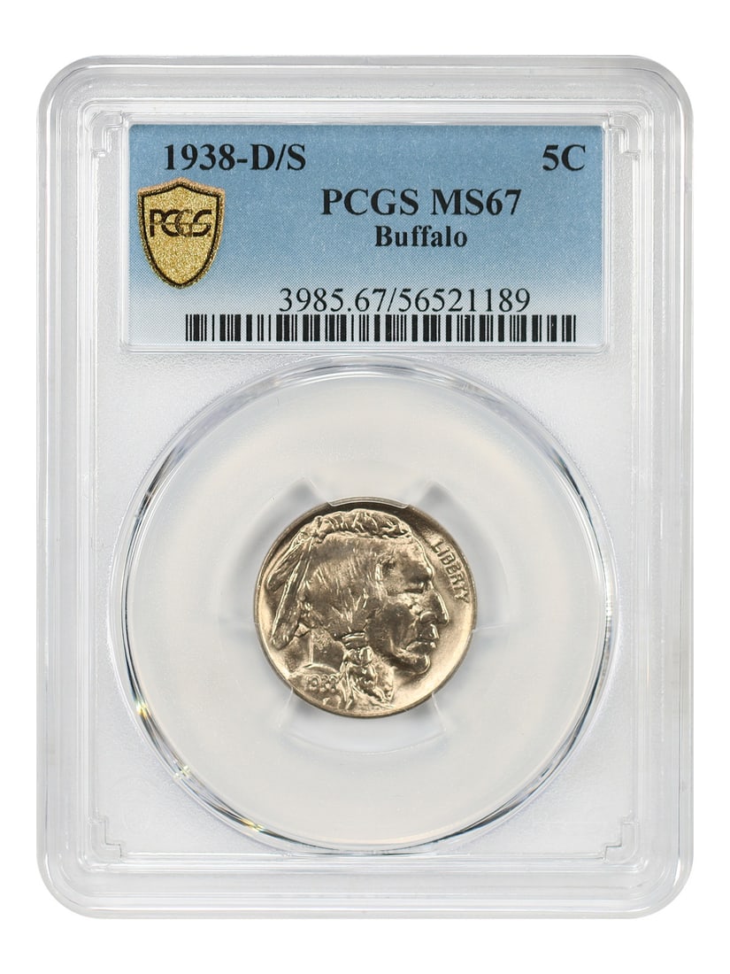 1938-D/ S 5C Buffalo PCGS MS67 - Buffalo Nickel - Popular Variety: 1938-D/ S 5C Buffalo PCGS MS67 - Buffalo Nickel - Popular Variety Item Specifics: Certification: PCGS Certification Number: 56521189 Circulated/Uncirculated: Uncirculated Denomination: 5C Year: 1938
