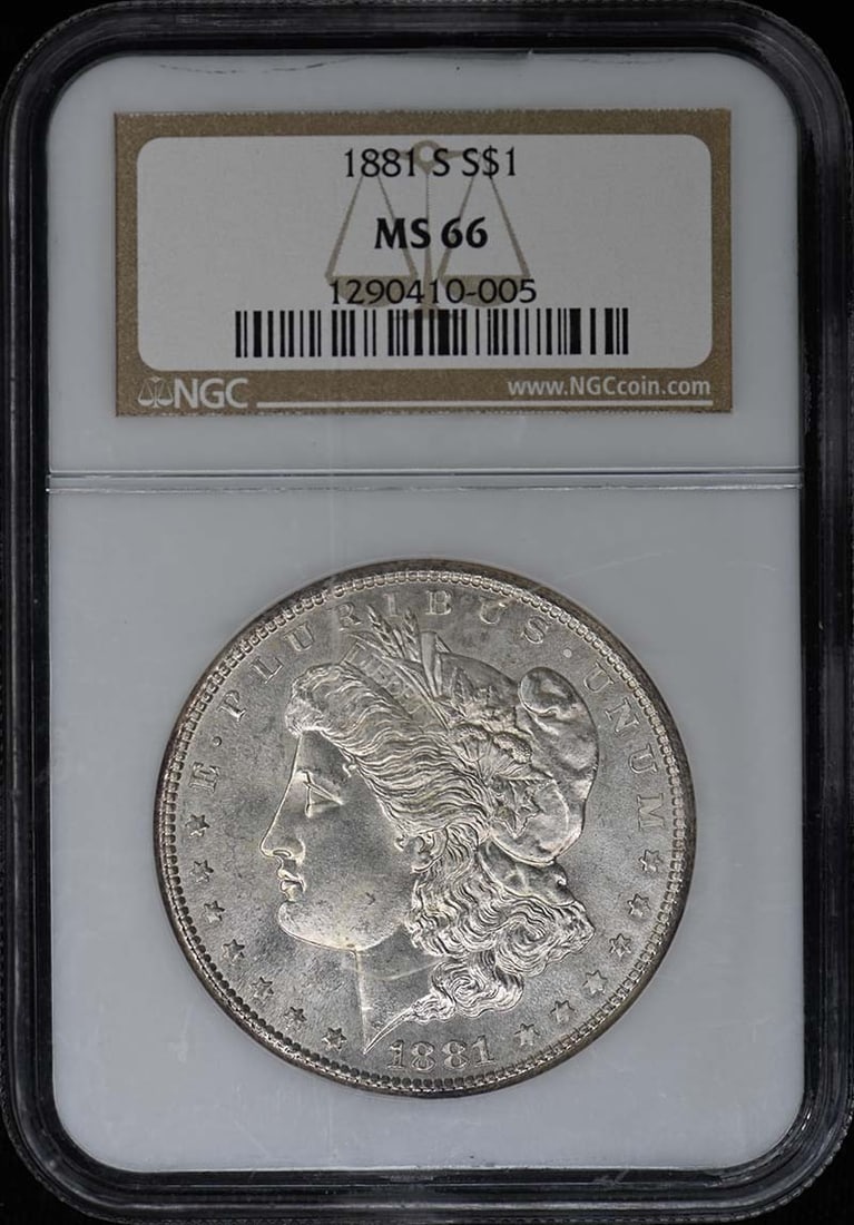 1881-S Morgan Dollar S$1 NGC MS66: 1881-S Morgan Dollar S$1 NGC MS66 The 1881-S Morgan Dollar S$1 NGC MS66 is an uncirculated coin with a high grade of MS66, indicating excellent condition. Certified by the Numismatic Guaranty