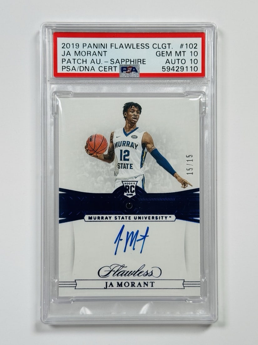 2019 FLAWLES COLLEGIATE JA MORANT #102 SAPPHIRE ROOKIE AUTO/ 15 PSA 10 AUTO 10 (1 of 2)