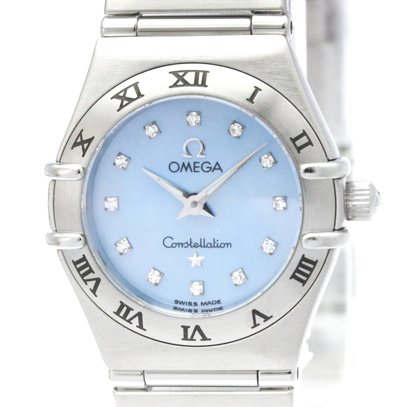 Omega Wristwatch: Omega Wristwatch Stainless steel case and band, a classic Omega wristwatch in blue shell dial, available for purchase. The watch boasts a 22mm diameter case with some minor scratches and dirt, but rem
