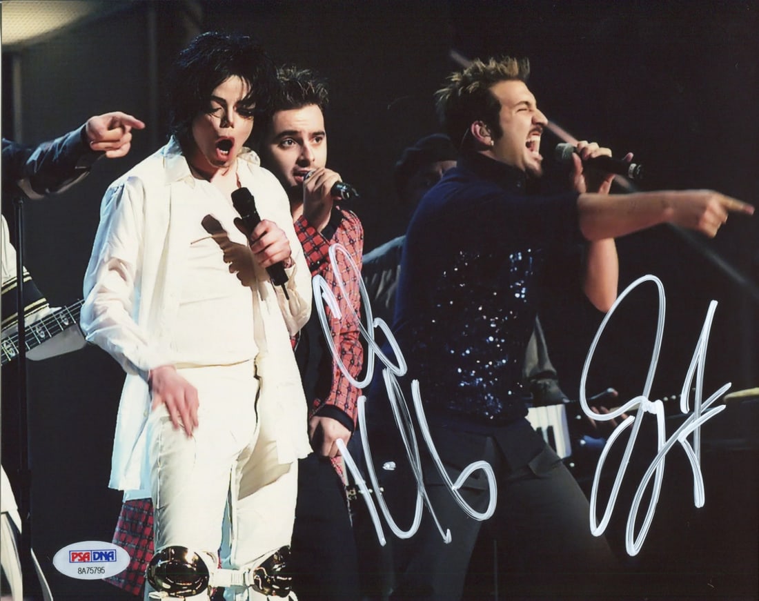 Joey Fatone & Chris Kirkpatrick Autographed Michael Jackson 8x10 Photo (PSA): Joey Fatone & Chris Kirkpatrick Autographed Michael Jackson 8x10 Photo (PSA) Signed in white paint pen across the front of an 8x10 photo, Joey Fatone and Chris Kirkpatrick have added their unique touc