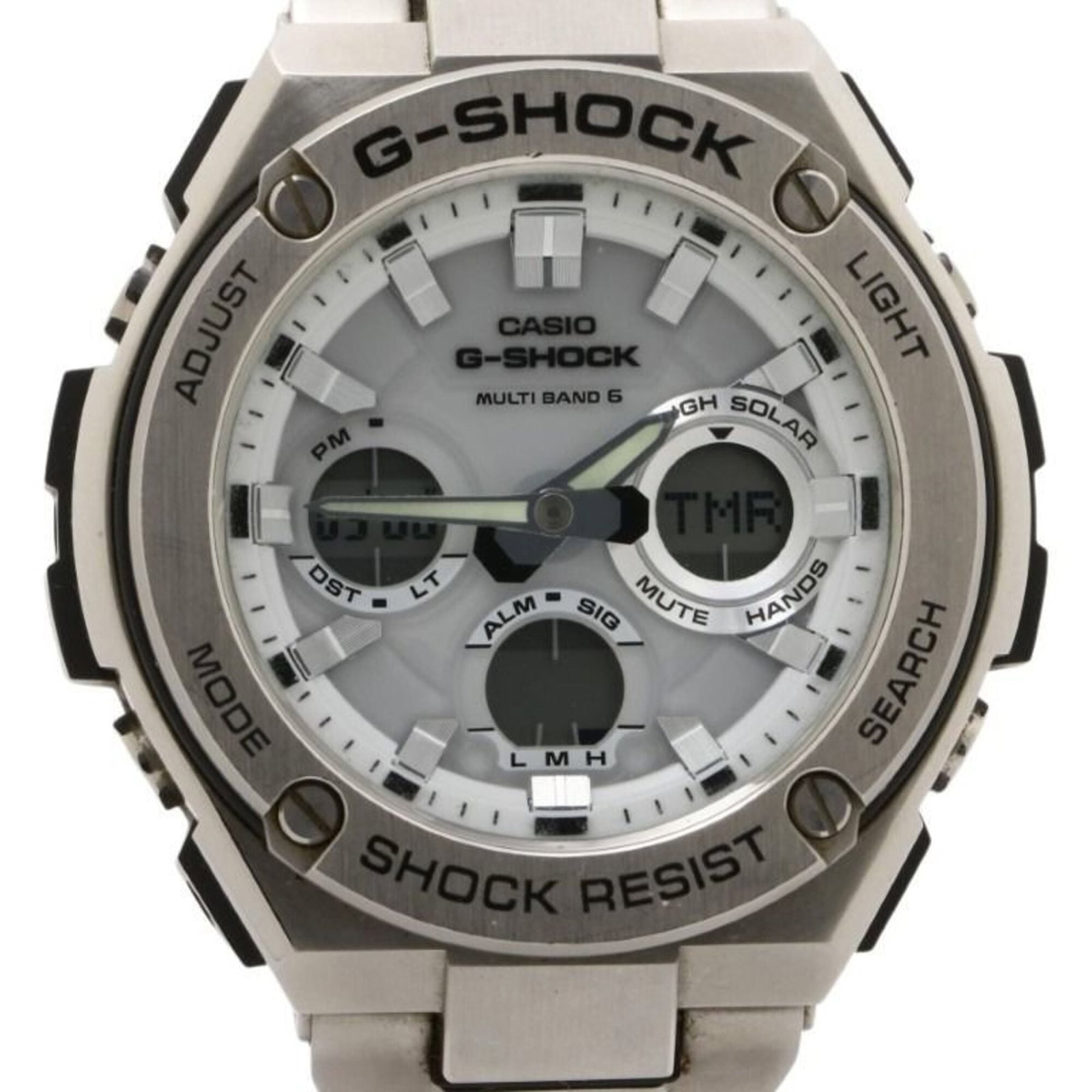 Wristwatch By Casio: Wristwatch By Casio This Casio wristwatch features a stainless steel band and case, with a white dial and 52.4mm diameter. The watch has been used and shows traces of usage, including scratches and di