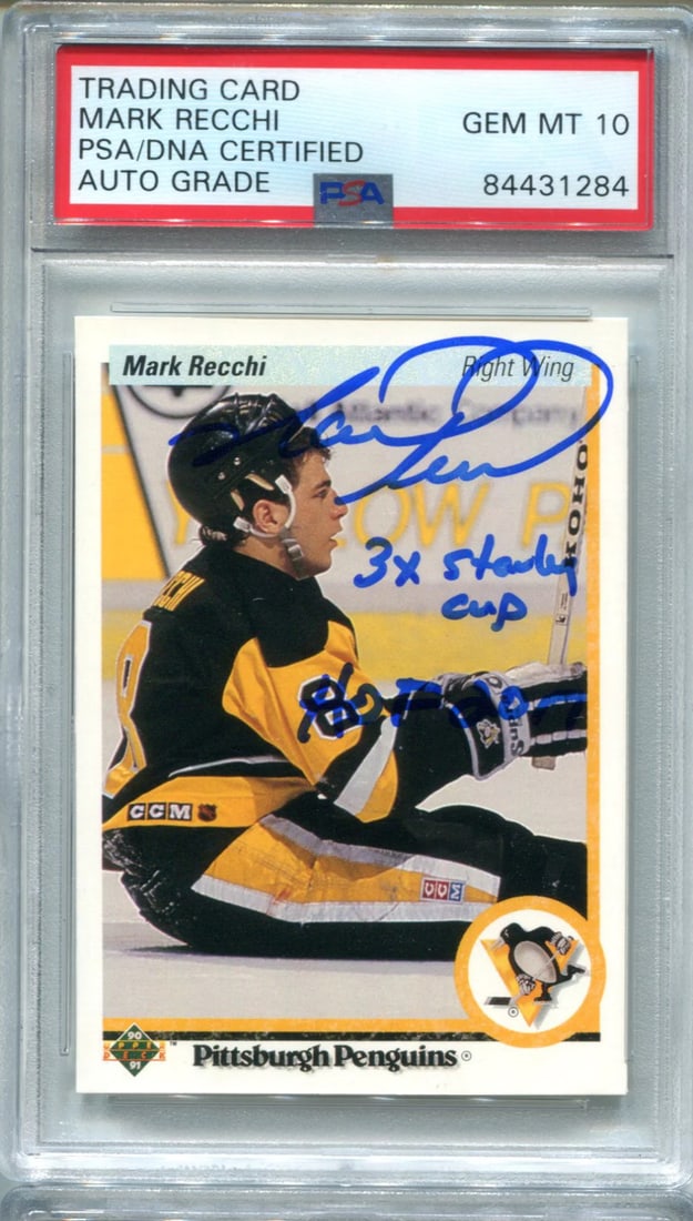 Mark Recchi 1990 Upper Deck #179 "3x Stanley Cup/ HOF2017" PSA Auto GEM MT 10: Mark Recchi 1990 Upper Deck #179 "3x Stanley Cup/ HOF2017" PSA Auto GEM MT 10 Item Specifics: Brand: Upper Deck Mark Recchi 1990 O-Pee-Chee #280 PSA Auto Gem MT 10 RCSigned in blue across the front