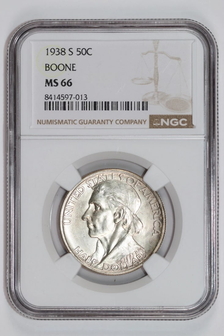 COMMEMORATIVE HALF DOLLAR BOONE MS66 NGC 1938-S: COMMEMORATIVE HALF DOLLAR BOONE MS66 NGC 1938-S The 1938-S Half Dollar, graded MS66 by the NGC, is a highly detailed and well-preserved circulated coin. This uncirculated specimen bears the mark of th