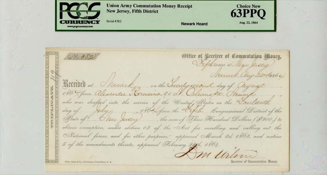 Union Army Commutation Money Receipt Aug 22 1864 MS 63PPQ (1 of 2)