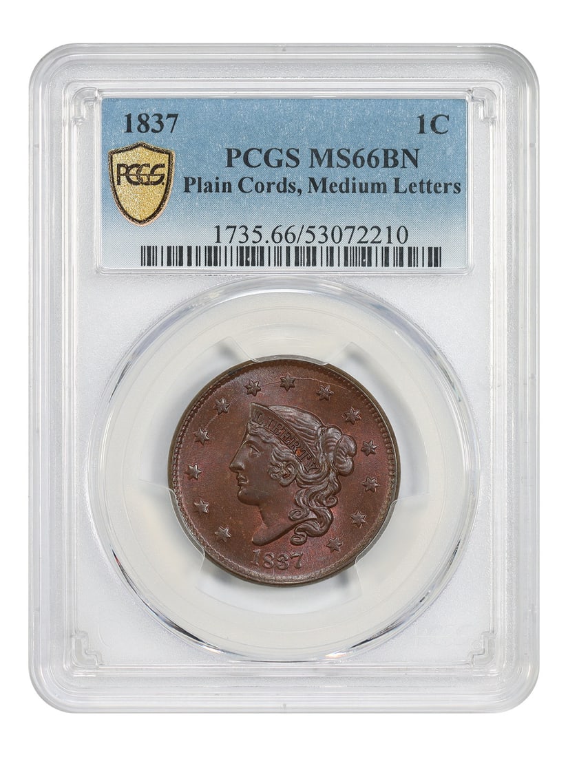 1837 1C PCGS MS66BN (Plain Cords, Medium Letters) - Coronet Head Cent (1 of 4)