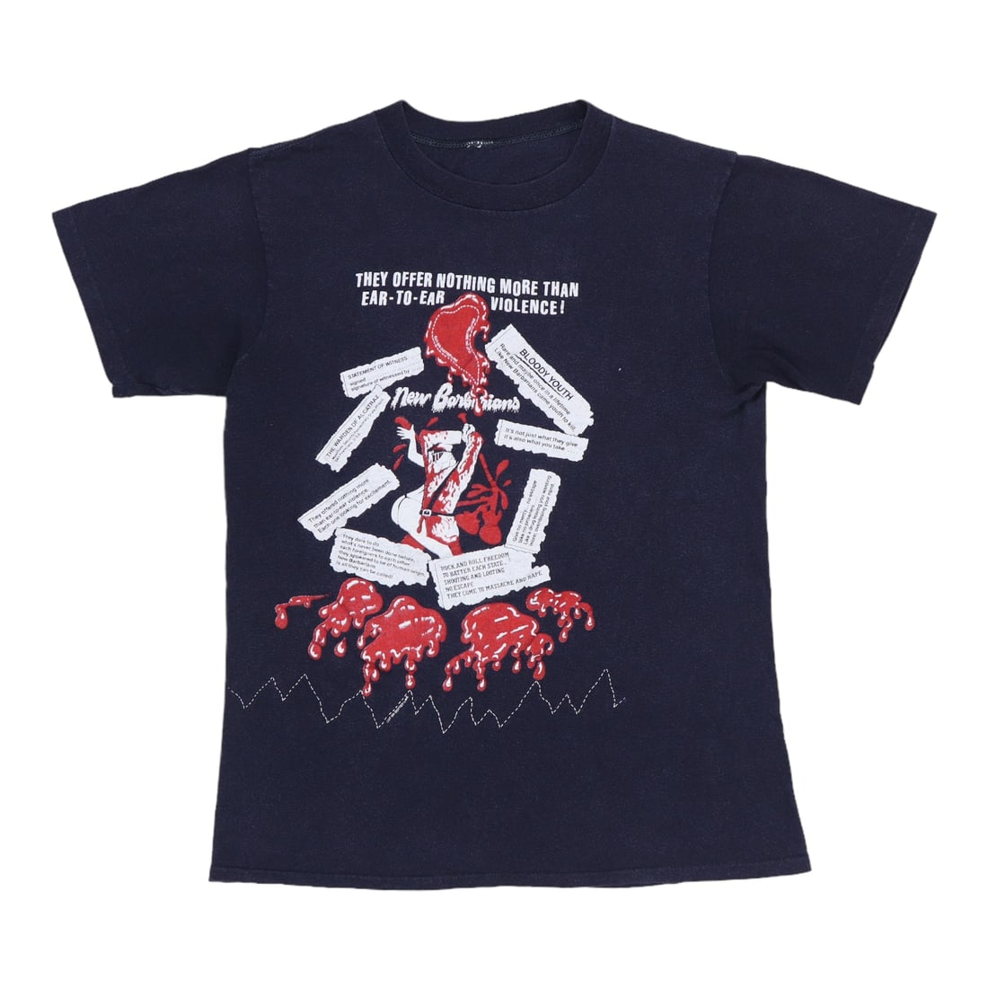 Barbarians New Shirt Tour 1979: Barbarians New Shirt Tour 1979 Black 50/50 Poly/Cotton New Barbarians Tour Shirt, featuring front and back graphics, measures 23" collar to hem and 17" pit to pit. This vintage 1979 shirt is in excell