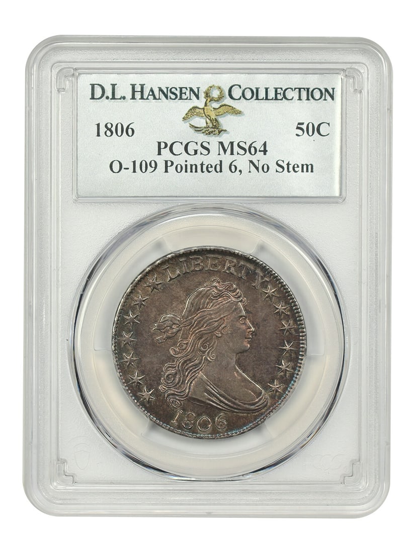 1806 50C PCGS MS64 (O-109, Pointed 6, No Stem): 1806 50C PCGS MS64 (O-109, Pointed 6, No Stem) The 1806 50C PCGS MS64 features a striking Pointed 6 and No Stem design, showcasing the Draped Bust Half Dollar series in exceptional condition. Certifie