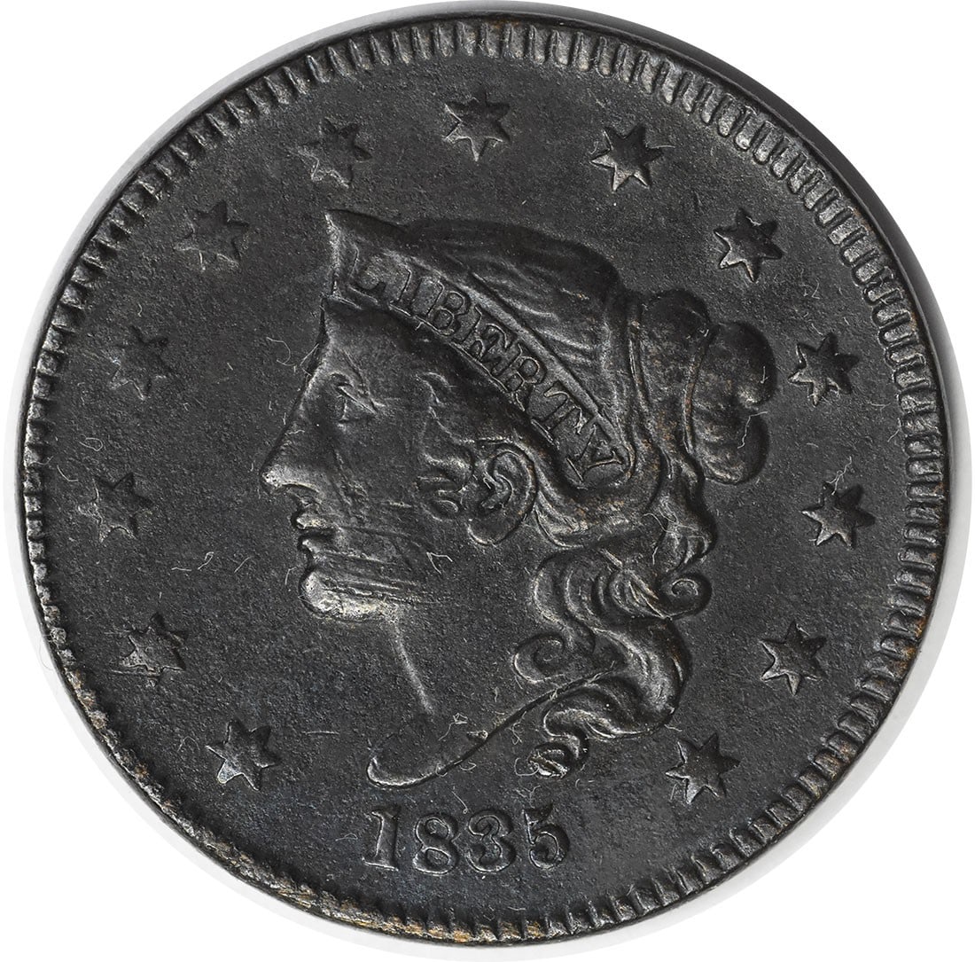 Uncertified large cent, 1835: Uncertified large cent, 1835 The 1835 Large Cent features a Coronet Head design, showcasing the iconic coronet head portrait. Struck from copper and dated to 1835, this circulated coin bears the