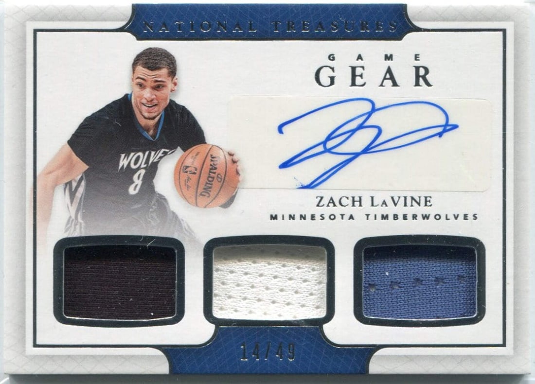 Zach Lavine Autographed 2016 - 2017 Panini National Treasures Triple Jersey 14/ 4: Zach Lavine Autographed 2016 - 2017 Panini National Treasures Triple Jersey 14/ 4 Authentic Zach Lavine Autographed Panini National Treasures Triple Jersey, featuring the NBA star's signature on one