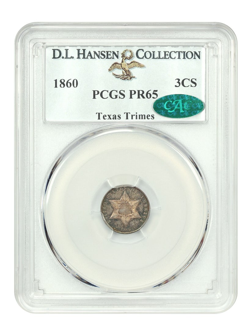 1860 3CS PCGS/ CAC PR65 ex: D.L. Hansen: 1860 3CS PCGS/ CAC PR65 ex: D.L. Hansen The 1860 Three Cent Silver coin, graded PR65 by PCGS and CAC, boasts exceptional preservation with minimal wear. This circulated uncirculated example features
