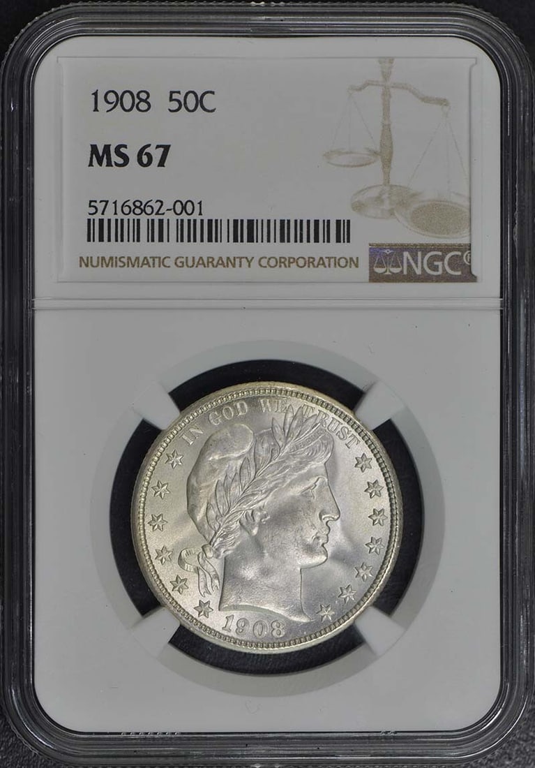 NGC MS67 50C Barber Half Dollar 1908: NGC MS67 50C Barber Half Dollar 1908 The NGC MS67 50C Barber Half Dollar 1908 is an uncirculated coin with a high grade, indicating its exceptional condition. Certified by the Numismatic Guaranty Corp