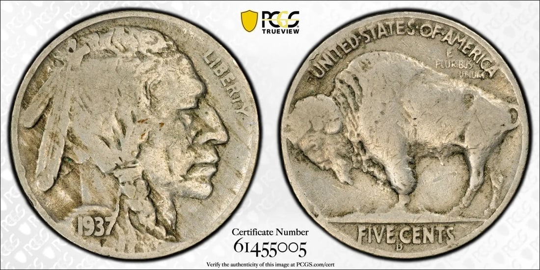 LEGGED 3 BUFFALO NICKEL PCSG 1937-D VF20: LEGGED 3 BUFFALO NICKEL PCSG 1937-D VF20 The 1937-D Buffalo Nickel, graded VF20 by PCGS, boasts a rich history as part of the circulated coin series from the Denver Mint. This nickel features a