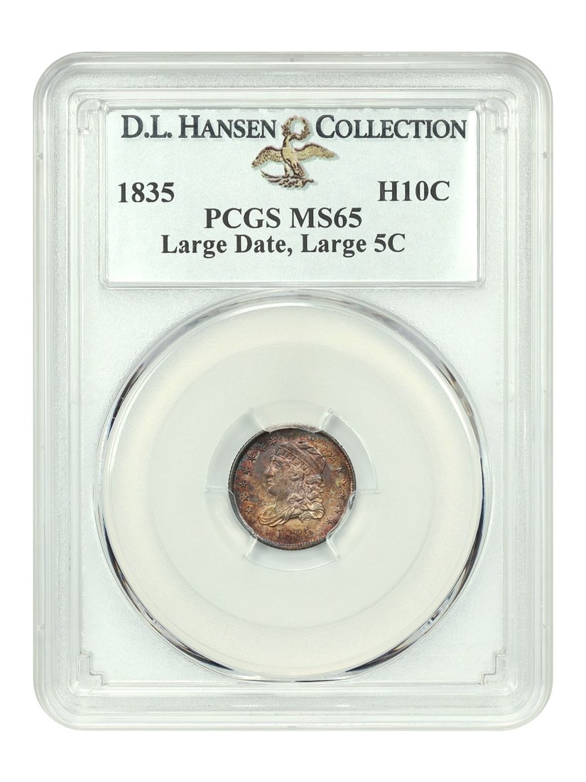 1835 H10C PCGS MS65 (Large Date, Large 5c) ex: D.L. Hansen: 1835 H10C PCGS MS65 (Large Date, Large 5c) ex: D.L. Hansen The 1835 H10C PCGS MS65, graded Large Date and Large 5c, boasts an impressive level of detail and preservation. This uncirculated coin bears